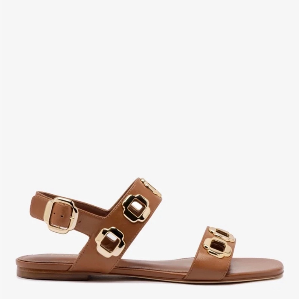 LARROUDE Milan Flat Sandals Shoes Caramel Leather 7.5 NEW